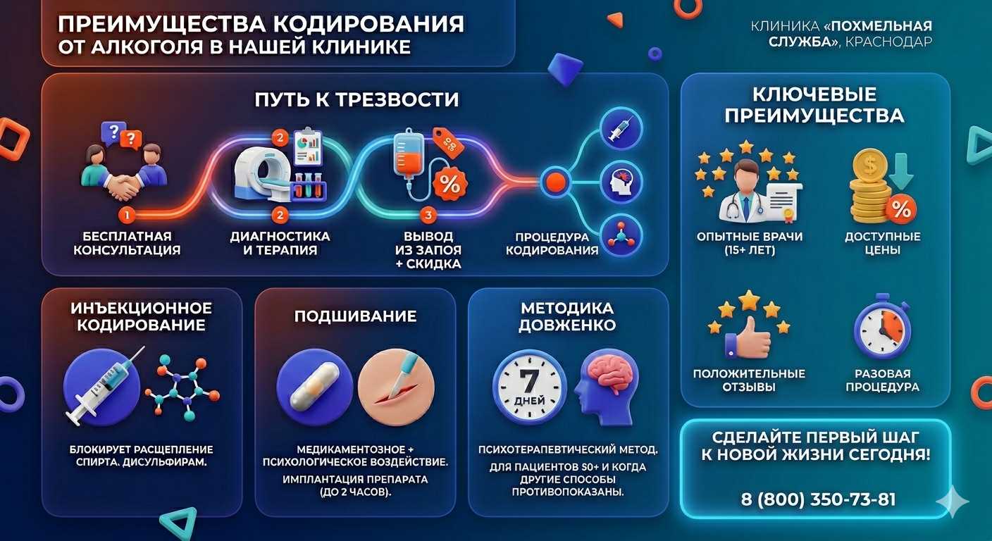 Инфографика о методах кодирования от алкоголя в Борском: инъекции, подшивание, метод Довженко. Преимущества клиники и этапы лечения.
