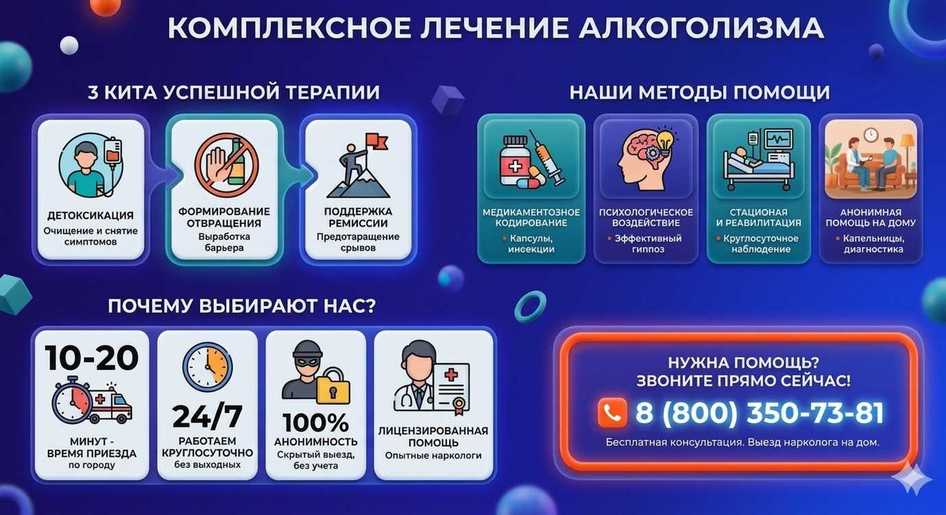 Инфографика о методах лечения алкоголизма в Борском: детоксикация, кодирование и анонимная помощь на дому от клиники Похмельная служба.